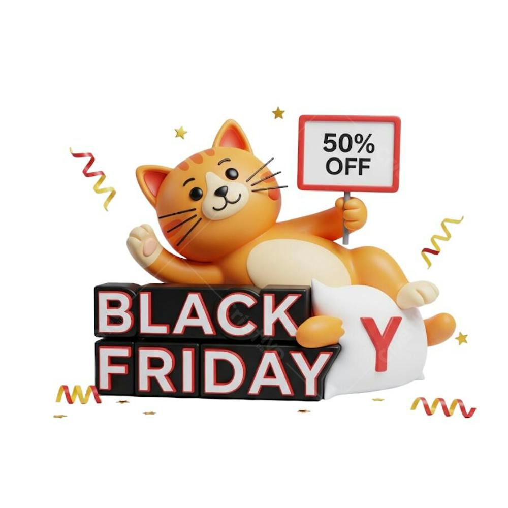 3D render of a cute orange cat lying on a white pillow with Black Friday lettering. The cat holds a sign saying 50% OFF. Vibrant colors, fully transparent background. Perfect for promotions.