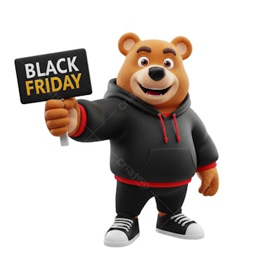 Cute 3D illustration of a brown bear wearing a black and red hoodie holding a Black Friday sign. Perfect for social media banners and marketing campaigns, this PNG image offers a fully transparent background for easy layering.