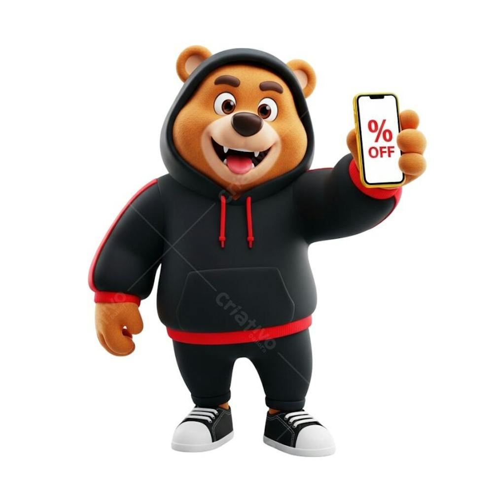 3D illustration of a brown bear wearing a black and red hoodie showing a cell phone with a discount symbol. Vibrant cartoon style colors. Fully transparent background for easy editing.