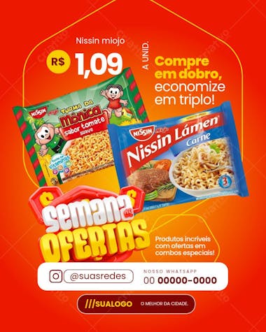 Instagram post template announcing a Nissin noodles promotion. Vibrant colors (red and yellow), product images, and catchy text. Ideal for supermarkets and social media. Target audience: general consumers.