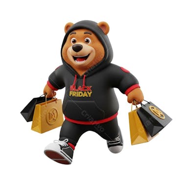 3D cartoon style bear wearing a black hoodie with "Black Friday" text, carrying shopping bags. Predominant colors are black, gold, and red.  Fully transparent background, perfect for Black Friday promotions.