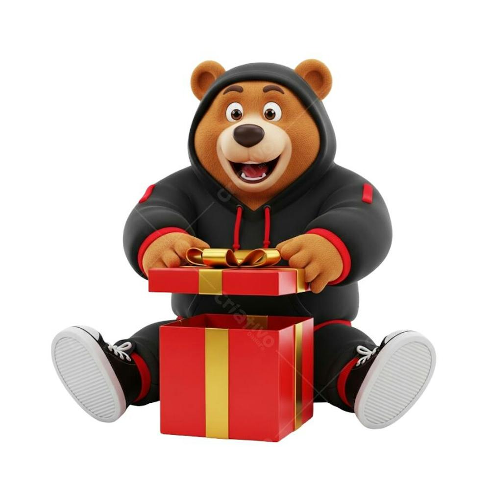 3D rendering of a brown bear wearing a black hoodie and sneakers, opening a red gift box with a golden ribbon. Fully transparent background, perfect for overlaying on your designs. Ideal for holiday marketing.