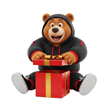 3D rendering of a brown bear wearing a black hoodie and sneakers, opening a red gift box with a golden ribbon. Fully transparent background, perfect for overlaying on your designs. Ideal for holiday marketing.