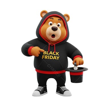 3D brown and black bear wearing a Black Friday hoodie, holding a watch in a magician’s hat. Fully transparent background. Fun and playful style, perfect for Black Friday promotions.