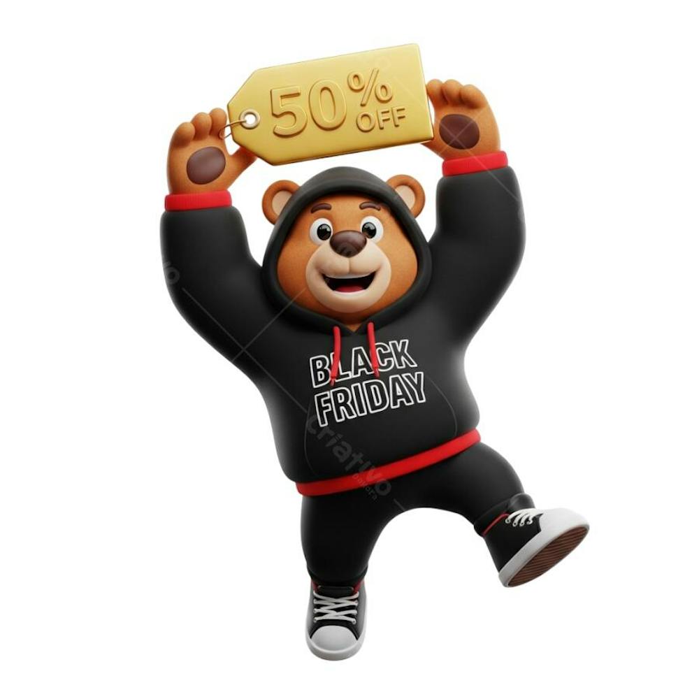 3D illustration of a brown bear wearing a black hoodie with "Black Friday" text, holding a golden "50% OFF" sign. Predominant colors black, brown and gold. Fully transparent background ideal for overlaying on any design.