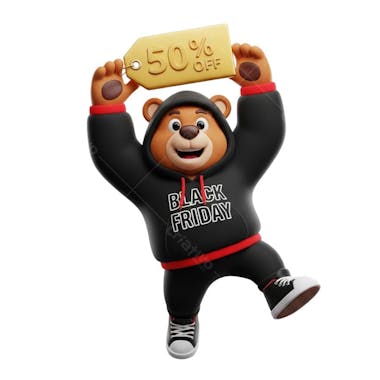 3D illustration of a brown bear wearing a black hoodie with "Black Friday" text, holding a golden "50% OFF" sign. Predominant colors black, brown and gold. Fully transparent background ideal for overlaying on any design.