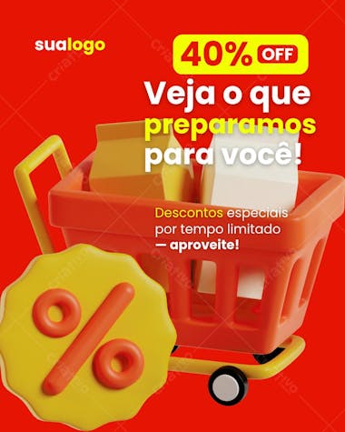 Instagram template featuring a 3D shopping cart, product boxes, and a percentage symbol. Vibrant red and yellow colors, perfect for promoting sales and offers. Target audience: online stores, e-commerce.