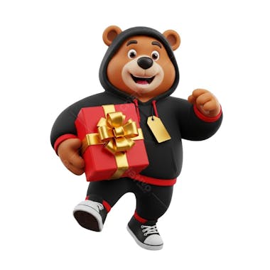 3D illustration of a brown bear wearing a black and red hoodie holding a red gift box with a golden bow. Fully transparent background ideal for overlaying on designs. Perfect for holiday marketing and e-commerce.