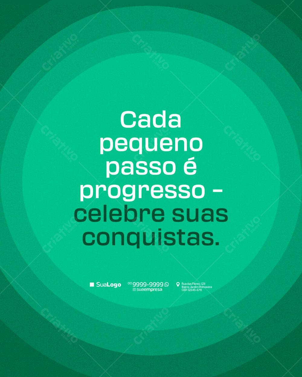 Editable PSD template for social media posts. Features a green concentric circles background and a motivational message in white. Minimalist and clean style, perfect for businesses aiming for engagement and inspiration.