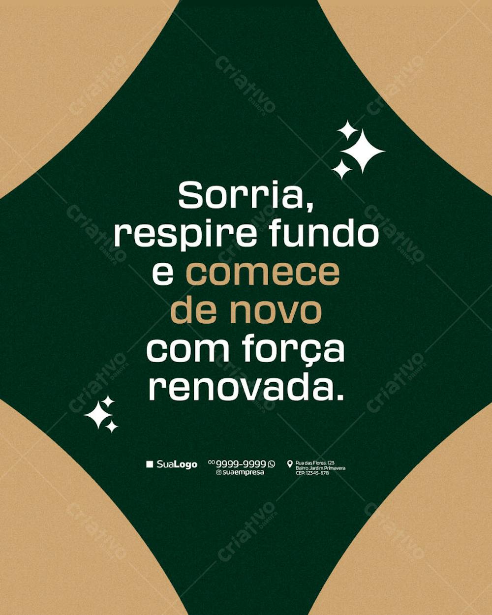 Minimalist design PSD template for social media posts in dark green and light beige tones. The inspirational quote "Smile, take a deep breath and start again with renewed strength" is the main focus. Ideal for motivational profiles, wellness brands and digital influencers.