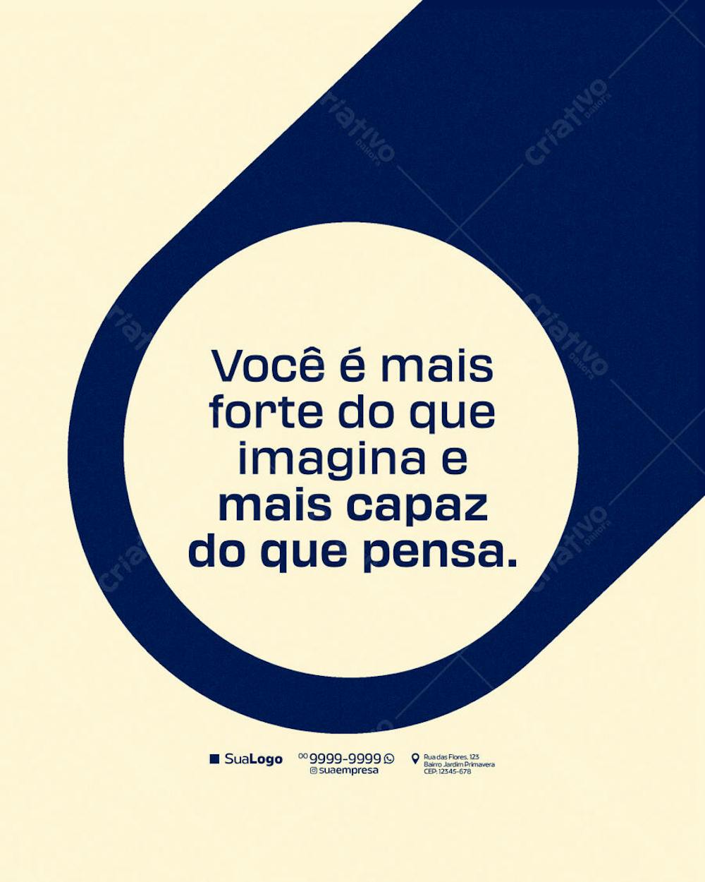 Beige and navy blue flyer with a central circle containing a motivational message. Minimalist and elegant design, perfect for inspiring your team, clients, or spreading impactful quotes on social media. Target audience: businesses, coaches, influencers.