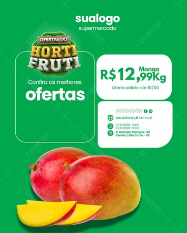 Vibrant green background Instagram post template featuring juicy red mangoes and yellow accents. Perfect for supermarkets and fruit stores, highlighting sales and pricing. Includes contact info.