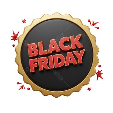 3D rendered image of a golden seal with black background and red "Black Friday" text. Fully transparent background. Perfect for social media banners and posts. Modern and clean style.