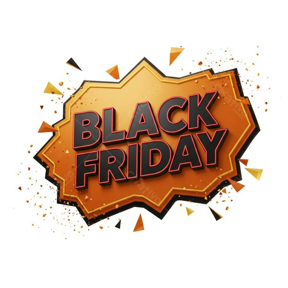 Black Friday banner PNG with transparent background. 3D design featuring Black Friday text in black with red outline on an orange background. Golden and geometric particles surround the text. Ideal for social media and website promotions.