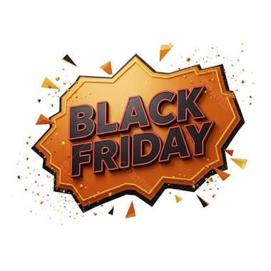 Black Friday banner PNG with transparent background. 3D design featuring Black Friday text in black with red outline on an orange background. Golden and geometric particles surround the text. Ideal for social media and website promotions.