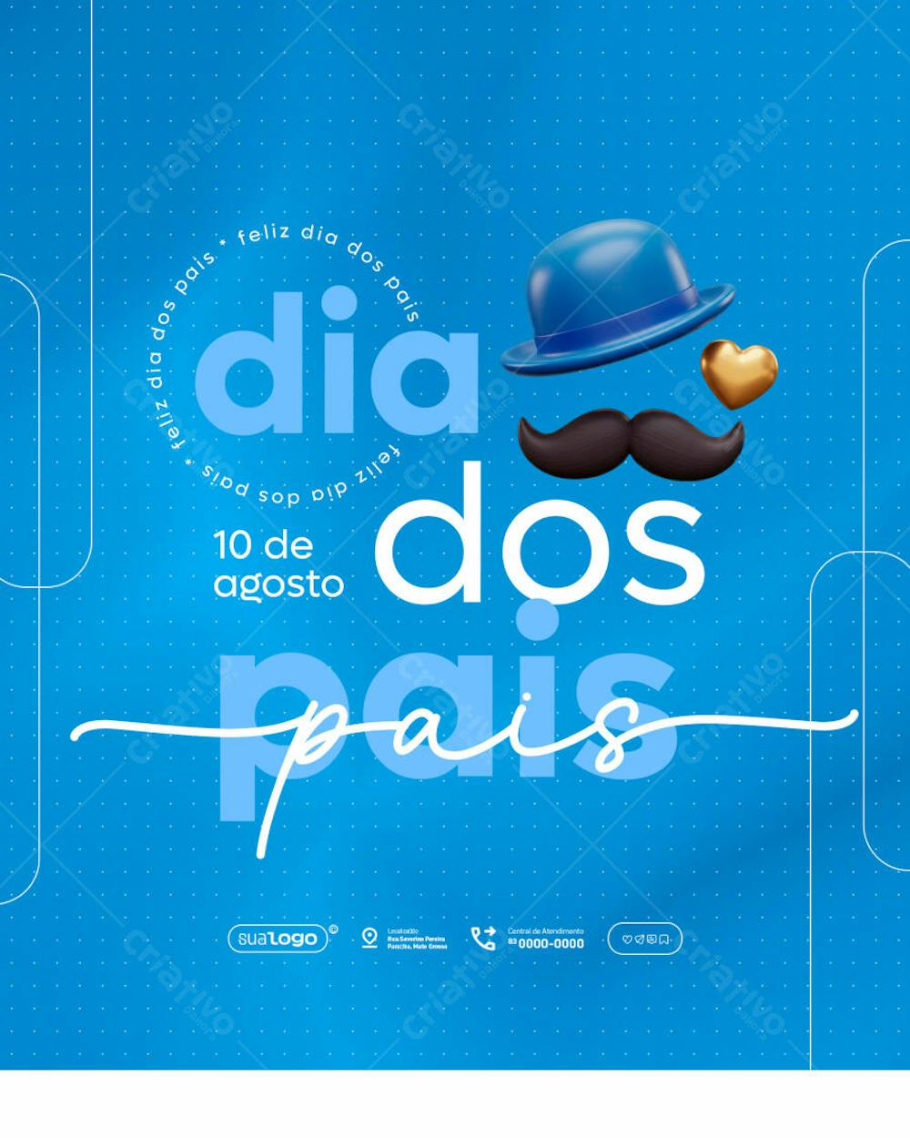 Modern and minimalist Father's Day flyer template in light blue, featuring 3D elements like a mustache, hat, and a golden heart. Perfect for social media and print marketing, targeting businesses and individuals looking to celebrate fathers.