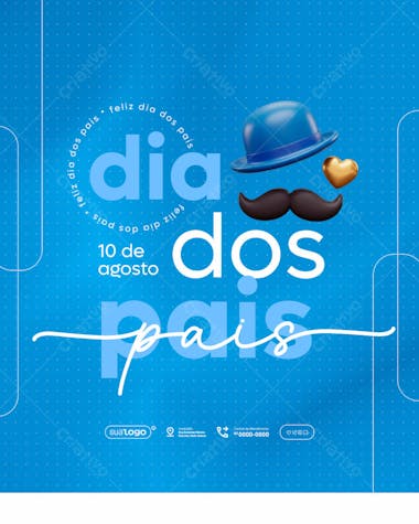 Modern and minimalist Father's Day flyer template in light blue, featuring 3D elements like a mustache, hat, and a golden heart. Perfect for social media and print marketing, targeting businesses and individuals looking to celebrate fathers.