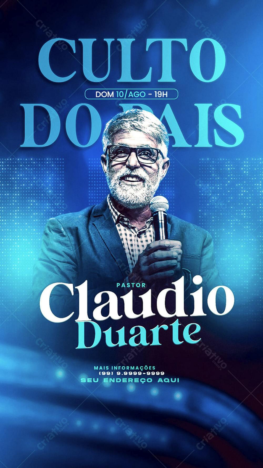 Dark blue flyer with light blue accents, perfect for promoting religious services. Features an image of an older pastor with glasses and a white beard, using a microphone. Target audience: Churches and religious communities. Modern and elegant style.