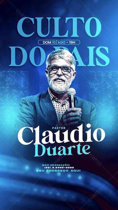 Dark blue flyer with light blue accents, perfect for promoting religious services. Features an image of an older pastor with glasses and a white beard, using a microphone. Target audience: Churches and religious communities. Modern and elegant style.