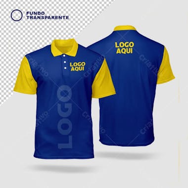 High-resolution mockup of a men's polo shirt, navy blue with yellow details, shown in front and back views. Vibrant colors, clean style, perfect for logo presentations. Ideal for e-commerce and marketing.