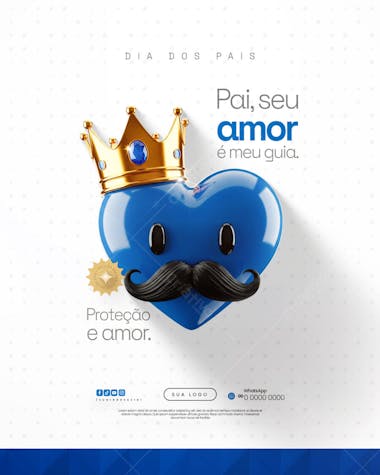3D design Father's Day post template featuring blue and gold colors, a heart with a crown and mustache. Modern and sophisticated style, perfect for social media marketing campaigns targeting businesses and individuals wishing to honor fathers.
