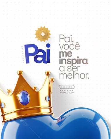 Clean and modern Father's Day post template in PSD format. Featuring blue and gold colors, a crown and a heart, perfect for businesses and individuals to express appreciation towards fathers.  Great for social media.