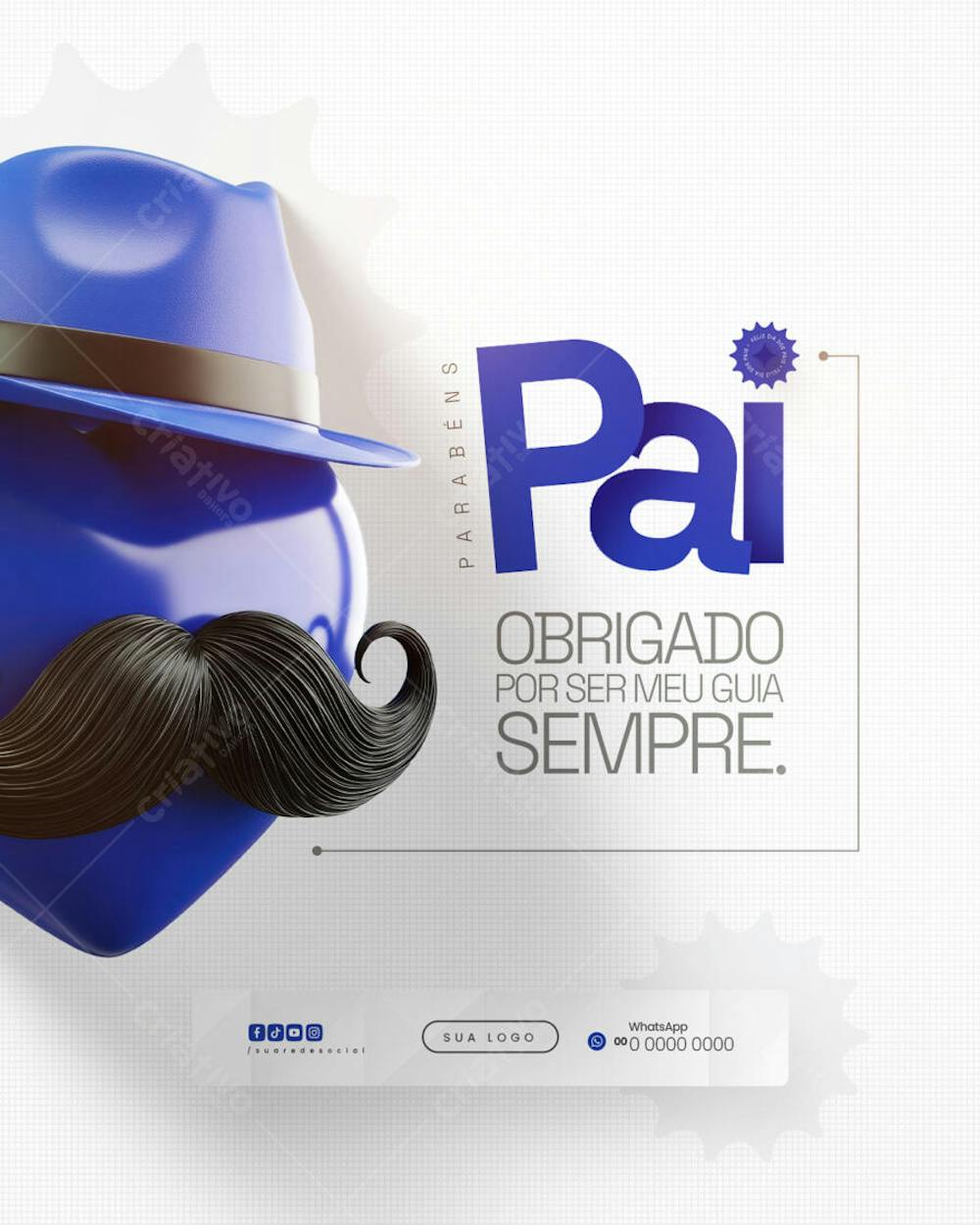 Editable Father's Day flyer PSD template. Modern design with blue and black colors, featuring a mustache and hat, perfect for creating a creative tribute to fathers. Target audience: businesses and individuals looking for a stylish and impactful design.