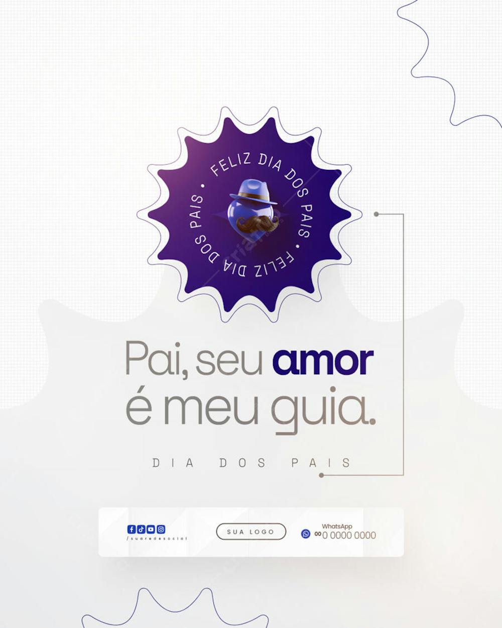 Modern and elegant Father's Day PSD template in purple and white. Features a heart with a mustache and hat, perfect for social media posts, cards, or invitations. Target audience: children honoring their fathers.