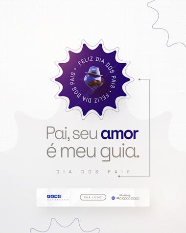 Modern and elegant Father's Day PSD template in purple and white. Features a heart with a mustache and hat, perfect for social media posts, cards, or invitations. Target audience: children honoring their fathers.