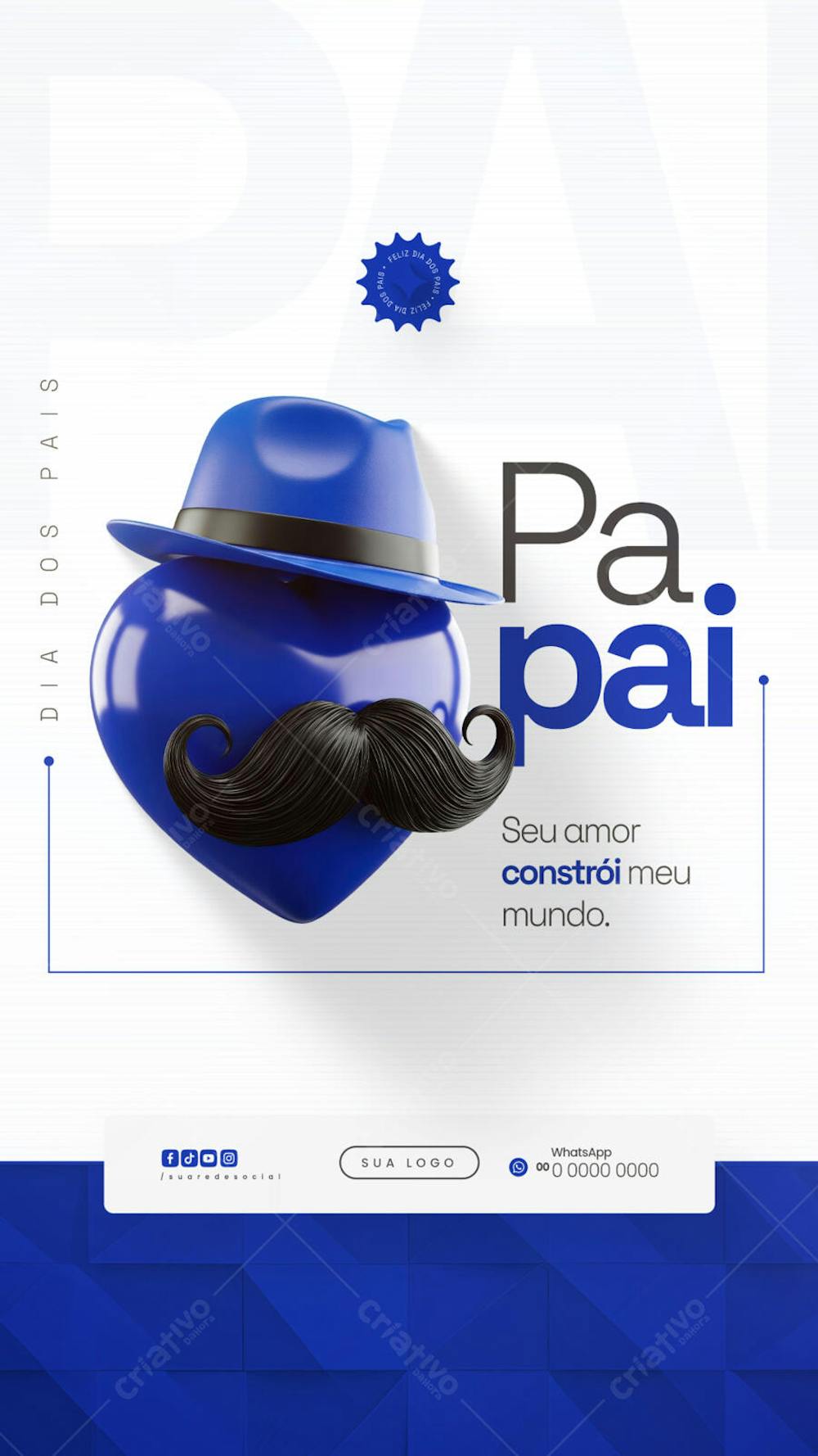 Father's Day flyer template in shades of blue, featuring a stylized heart with a hat and mustache. Perfect for social media, with space for logo and contact information. Target audience: businesses and individuals who want to honor fathers.