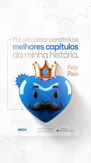 Create stunning Father's Day posts with this editable PSD! Modern design featuring a blue heart, mustache and golden crown. Ideal for social media, ads and cards. Vibrant colors and clean style.