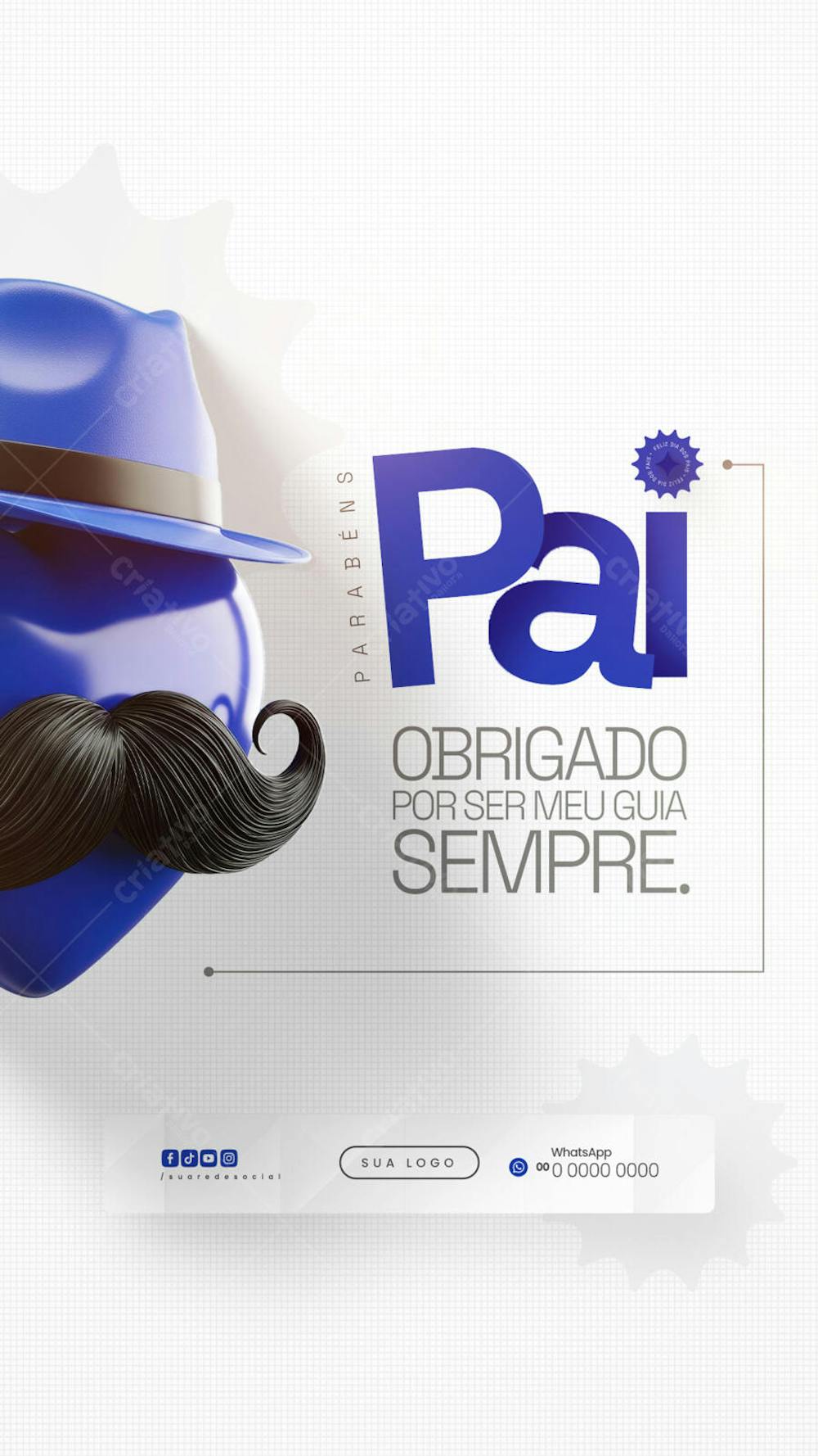 Modern and elegant Father's Day flyer template in shades of blue. Features a 3D mustache and hat on a heart, perfect for social media or print. Target audience: businesses and individuals wanting to honor fathers.