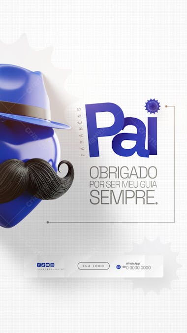 Modern and elegant Father's Day flyer template in shades of blue. Features a 3D mustache and hat on a heart, perfect for social media or print. Target audience: businesses and individuals wanting to honor fathers.