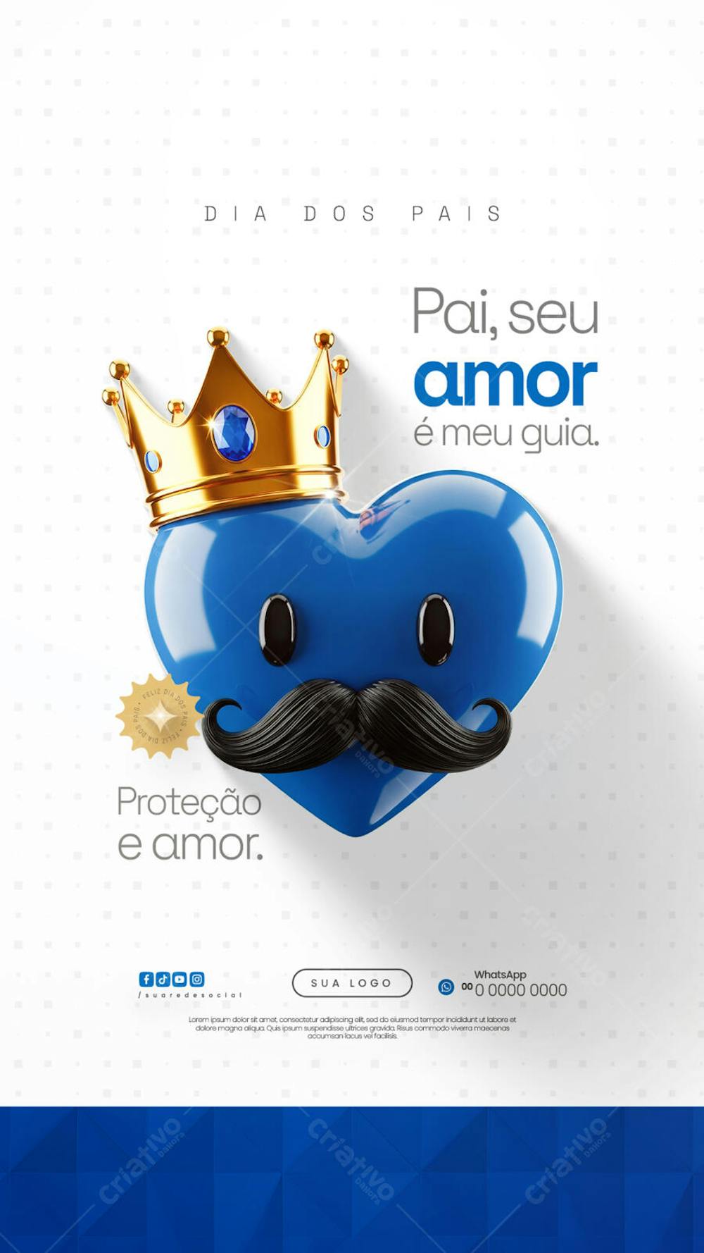 Modern and clean Father's Day flyer design.  Features a stylized blue heart with a crown and mustache, using gold accents. Perfect for businesses wishing to celebrate fathers.