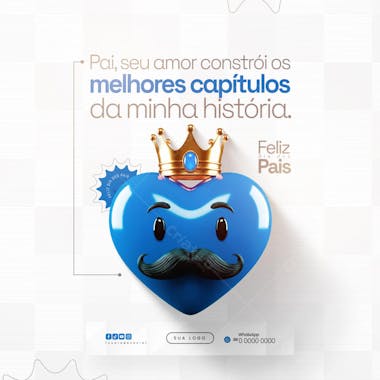 Creative 3D design Father's Day social media post template. Features a blue heart with a mustache and golden crown on a white background. Vibrant colors and modern style. Perfect for businesses and individuals to honor fathers.