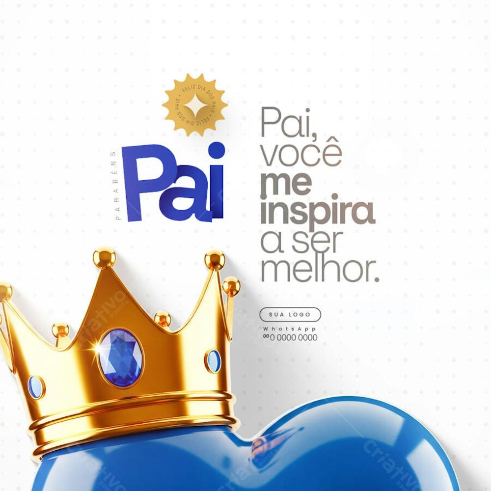 Modern and elegant Father's Day PSD template.  Features blue and gold colors, a crown, and a heart design. Perfect for social media posts to celebrate and honor your dad. Target audience: children and adults wanting to honor their fathers.