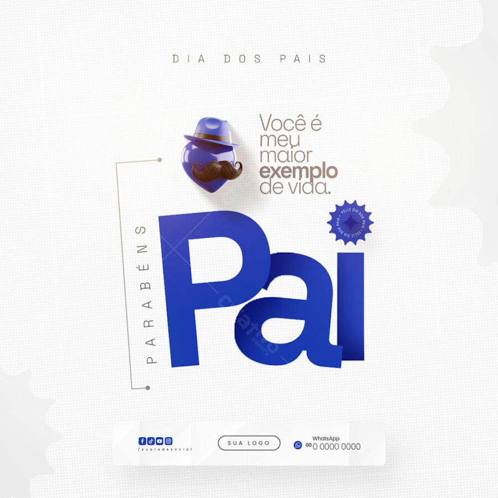 Clean and elegant Father's Day social media post PSD template. Features blue and white color scheme, illustration of a heart with mustache and hat, and prominent "Dad" text. Space for logo and WhatsApp contact. Perfect for businesses and individuals.