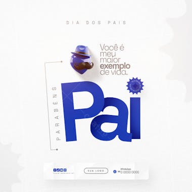 Clean and elegant Father's Day social media post PSD template. Features blue and white color scheme, illustration of a heart with mustache and hat, and prominent "Dad" text. Space for logo and WhatsApp contact. Perfect for businesses and individuals.
