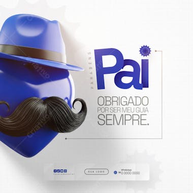 Modern and elegant Father's Day PSD template. Features a 3D stylized face with a mustache and hat in blue and black. Perfect for social media posts, invitations, and cards.