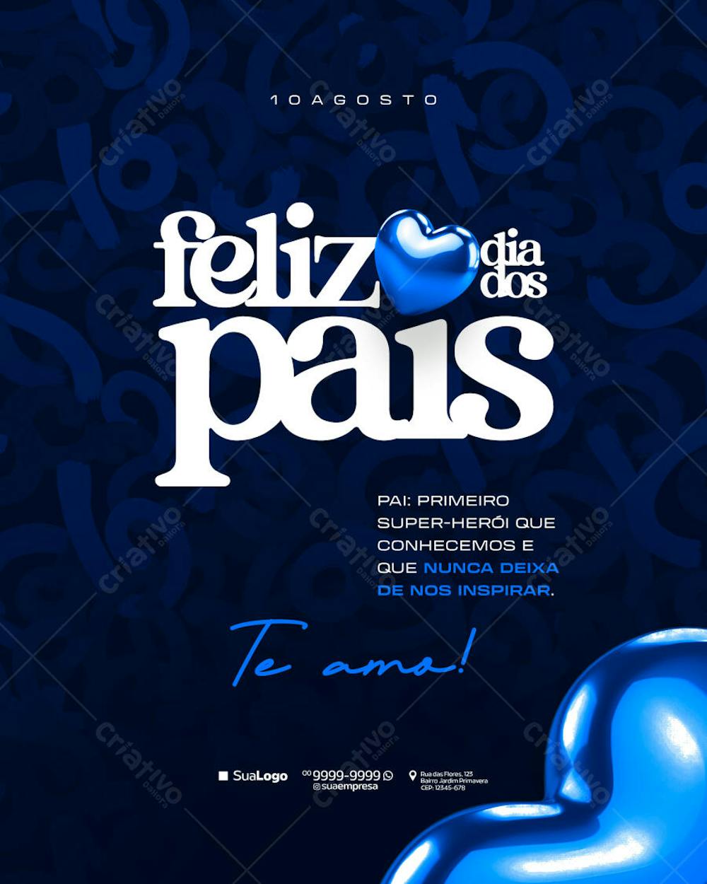 Modern and elegant Father's Day flyer design in dark blue tones. Features the phrase "Happy Father's Day" with shiny blue hearts. Perfect for businesses to celebrate fathers. Download now and promote your brand!