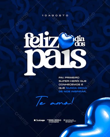 Modern and elegant Father's Day flyer design in dark blue tones. Features the phrase "Happy Father's Day" with shiny blue hearts. Perfect for businesses to celebrate fathers. Download now and promote your brand!