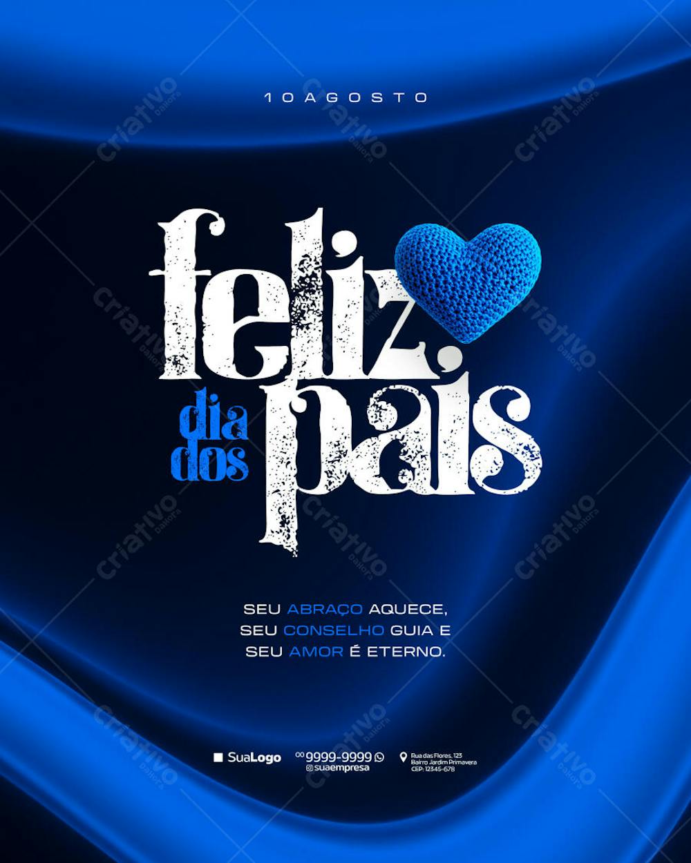 Elegant dark blue Father's Day flyer design with fabric texture. Features the phrase "Happy Father's Day" in white with texture and a blue crocheted heart. Perfect for businesses wishing to honor fathers.