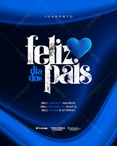 Elegant dark blue Father's Day flyer design with fabric texture. Features the phrase "Happy Father's Day" in white with texture and a blue crocheted heart. Perfect for businesses wishing to honor fathers.
