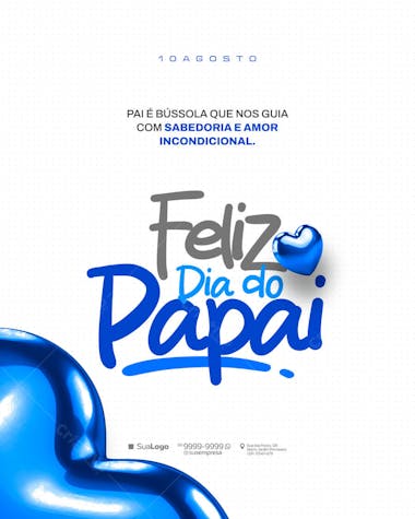 Modern and clean Father's Day social media post PSD template. Features a glossy blue heart and the text "Happy Father's Day" in blue and grey. Perfect for social media, blogs, and websites.