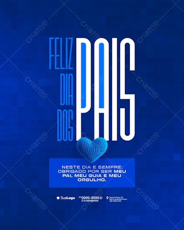 Modern and minimalist Father's Day flyer template in shades of blue. Features a prominent "Happy Father's Day" message and a 3D blue heart. Perfect for social media and print.