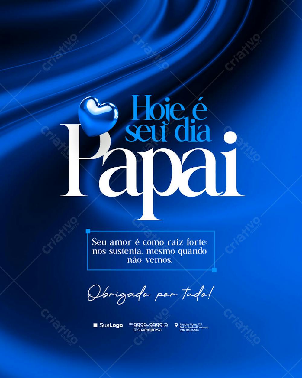 Elegant and sophisticated Father's Day PSD template featuring a royal blue background, a shiny blue heart, and modern typography. Perfect for social media posts, virtual or printed cards. Target audience: businesses, families, and individuals.