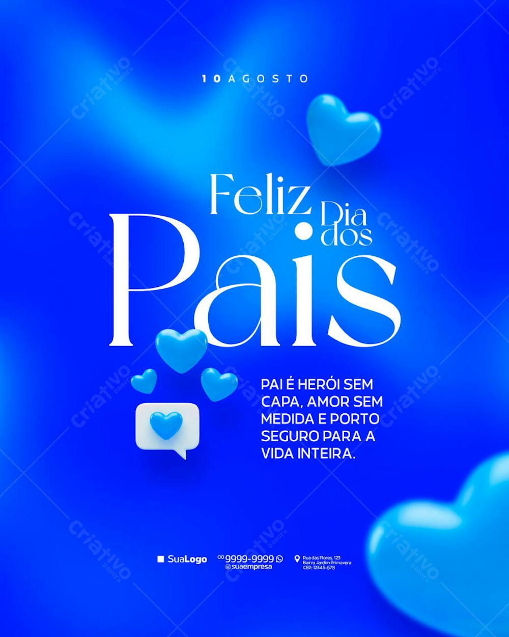 Vibrant blue Father's Day flyer template featuring 3D hearts and modern typography. Perfect for social media, email marketing, or print. Target audience: businesses and individuals looking to honor fathers.