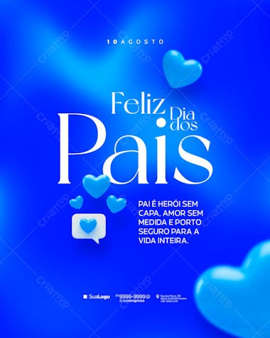 Vibrant blue Father's Day flyer template featuring 3D hearts and modern typography. Perfect for social media, email marketing, or print. Target audience: businesses and individuals looking to honor fathers.