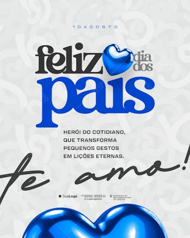 Modern and elegant Father's Day flyer design. Predominantly blue and white, featuring 3D hearts and impactful typography. Perfect for businesses to honor fathers and create a heartwarming marketing campaign.