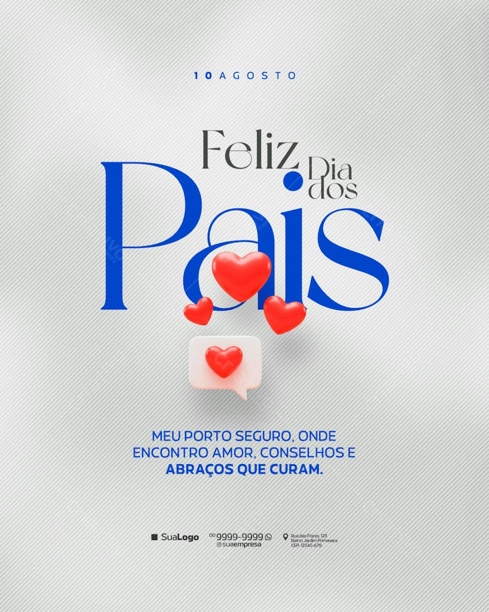Clean and modern Father's Day flyer design. Featuring 3D hearts, elegant typography in blue and red. Perfect for businesses to honor fathers with a heartfelt and sophisticated message. Target audience: businesses of all sizes.